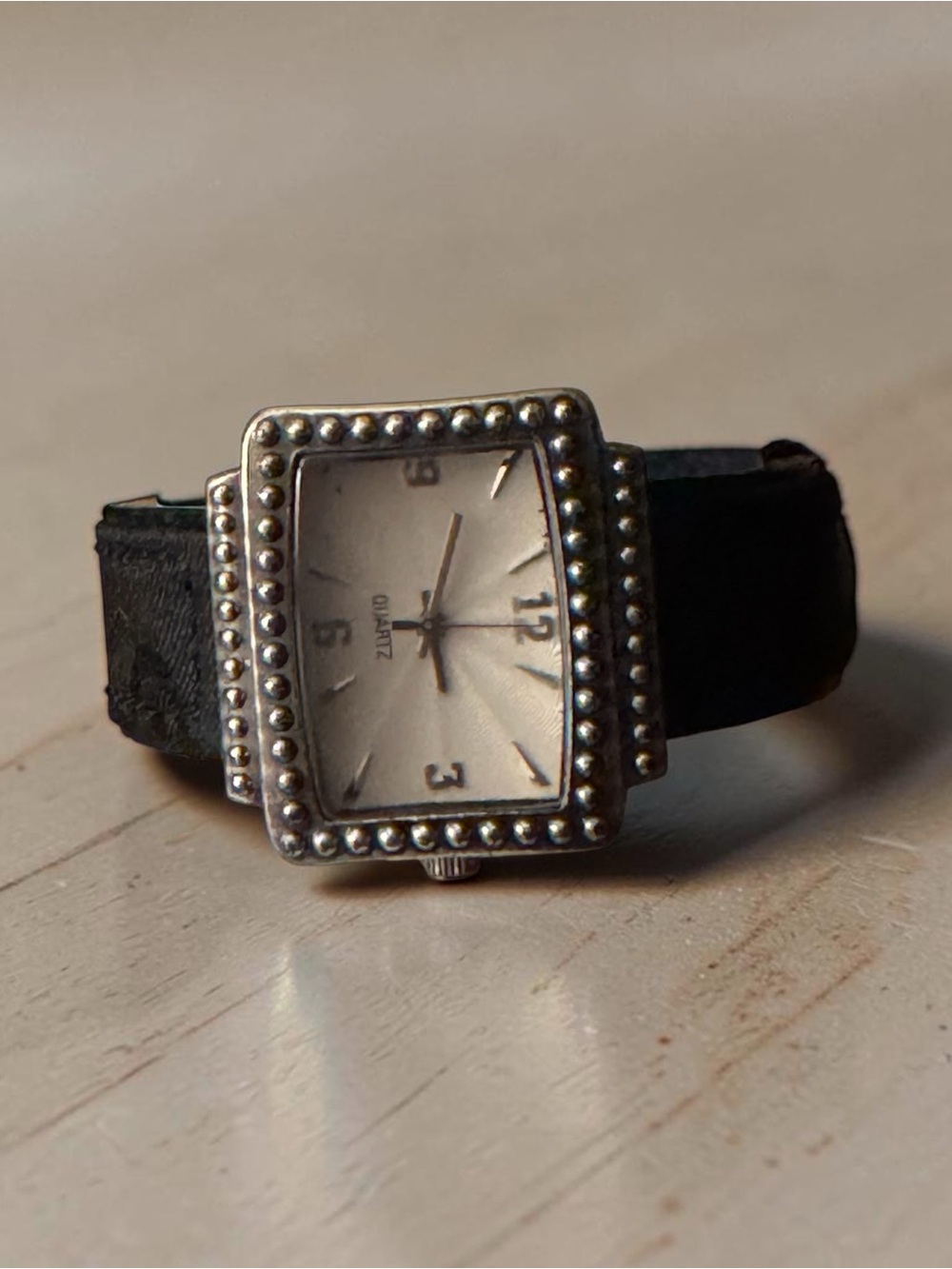 Classic Black Textile Band Silver-Tone Beaded Quartz Watch